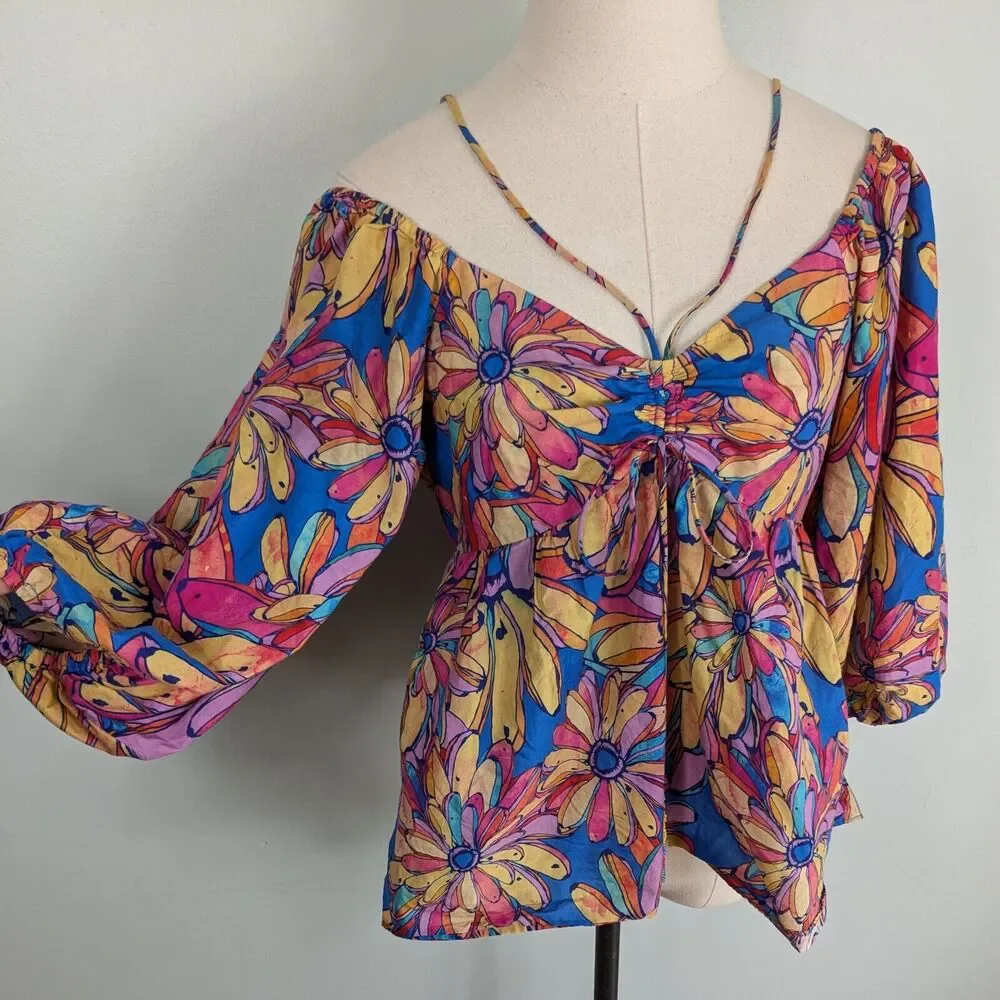 Farm Rio Top S Multicolor Floral Long Sleeve Puff Blouse Tropical Anthropologie